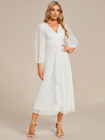 Glitter Twist Knot See-Through Long Sleeve Wedding Guest Dress - Cream