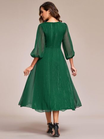 Glitter Twist Knot See-Through Long Sleeve Wedding Guest Dress - Dark Green