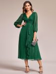 Glitter Twist Knot See-Through Long Sleeve Wedding Guest Dress – Dark Green