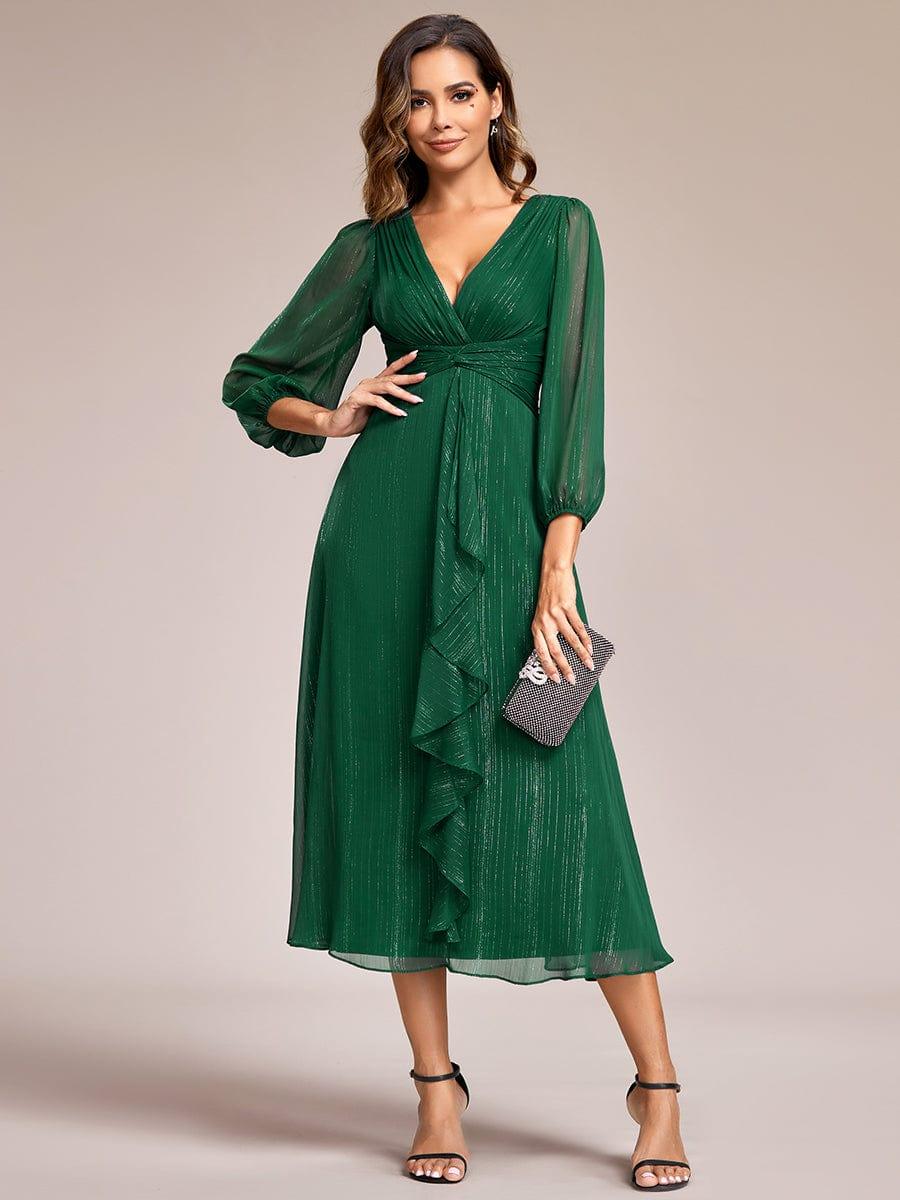 Glitter Twist Knot See-Through Long Sleeve Wedding Guest Dress - Dark Green Glitter Twist Knot See-Through Long Sleeve Wedding Guest Dress - Dark Green