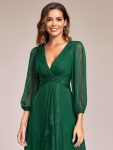 Glitter Twist Knot See-Through Long Sleeve Wedding Guest Dress – Dark Green