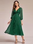 Glitter Twist Knot See-Through Long Sleeve Wedding Guest Dress - Dark Green