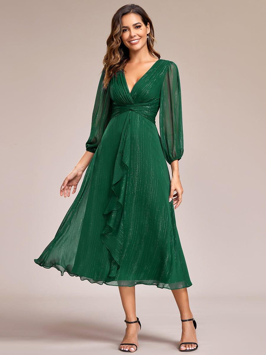 Glitter Twist Knot See-Through Long Sleeve Wedding Guest Dress - Dark Green Glitter Twist Knot See-Through Long Sleeve Wedding Guest Dress - Dark Green