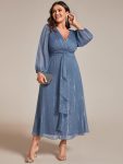 Glitter Twist Knot See-Through Long Sleeve Wedding Guest Dress – Dusty Blue