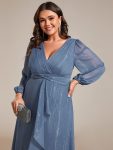 Glitter Twist Knot See-Through Long Sleeve Wedding Guest Dress – Dusty Blue