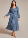 Glitter Twist Knot See-Through Long Sleeve Wedding Guest Dress – Dusty Blue