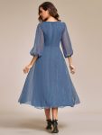 Glitter Twist Knot See-Through Long Sleeve Wedding Guest Dress – Dusty Blue