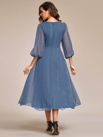 Glitter Twist Knot See-Through Long Sleeve Wedding Guest Dress - Dusty Blue