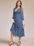 Glitter Twist Knot See-Through Long Sleeve Wedding Guest Dress – Dusty Blue