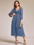 Glitter Twist Knot See-Through Long Sleeve Wedding Guest Dress – Dusty Blue