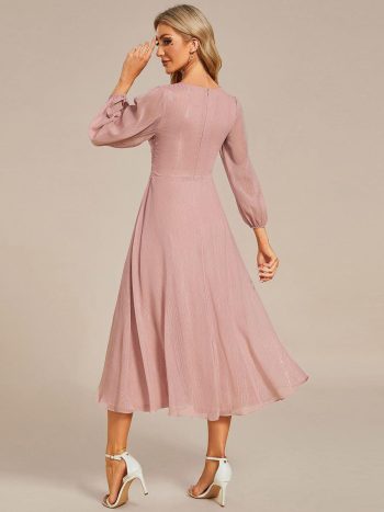 Glitter Twist Knot See-Through Long Sleeve Wedding Guest Dress - Dusty Rose