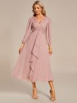 Glitter Twist Knot See-Through Long Sleeve Wedding Guest Dress – Dusty Rose