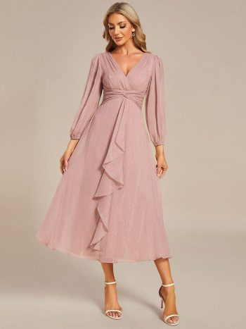 Glitter Twist Knot See-Through Long Sleeve Wedding Guest Dress - Dusty Rose