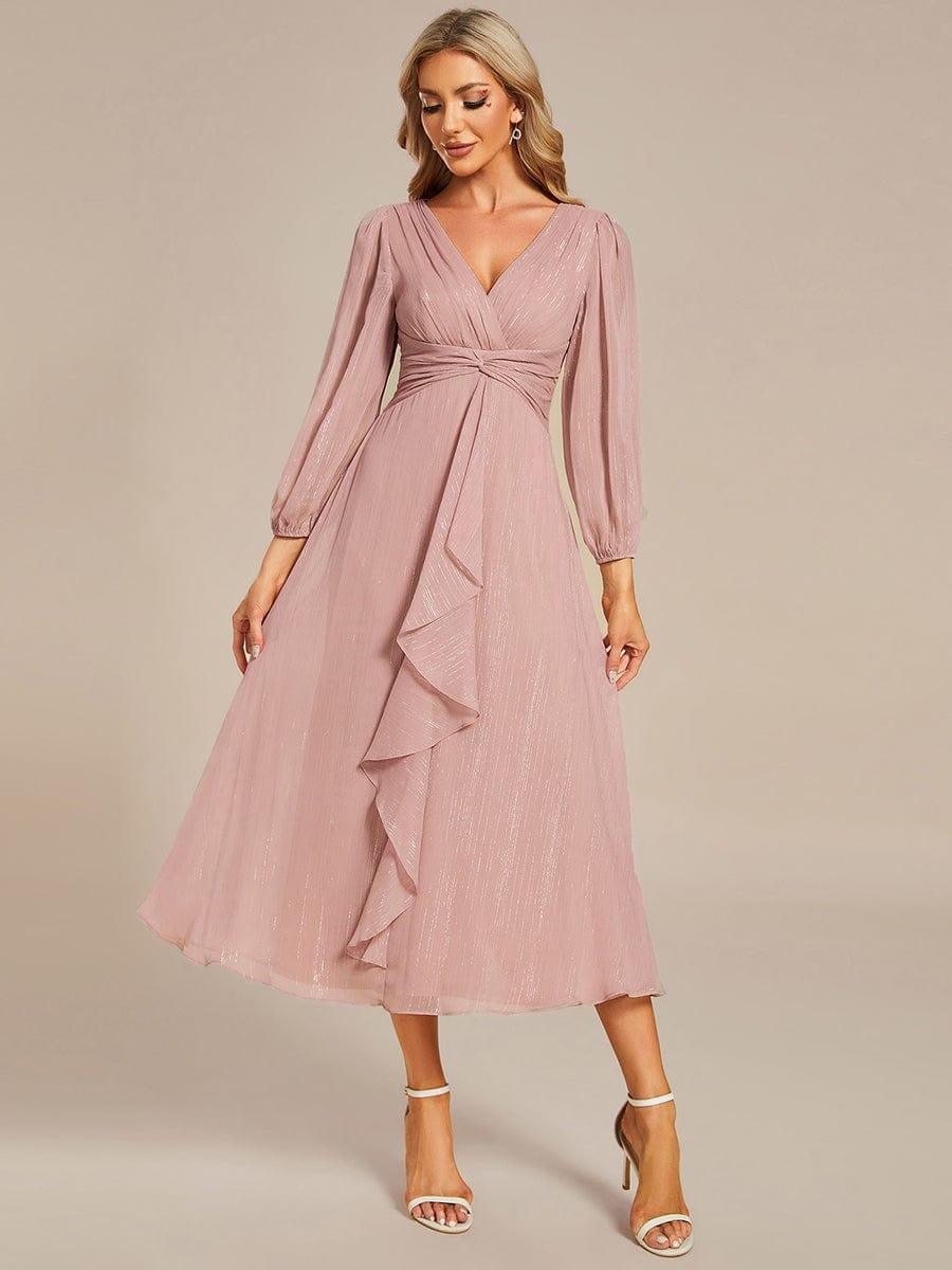 Glitter Twist Knot See-Through Long Sleeve Wedding Guest Dress - Dusty Rose Glitter Twist Knot See-Through Long Sleeve Wedding Guest Dress - Dusty Rose