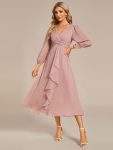 Glitter Twist Knot See-Through Long Sleeve Wedding Guest Dress – Dusty Rose
