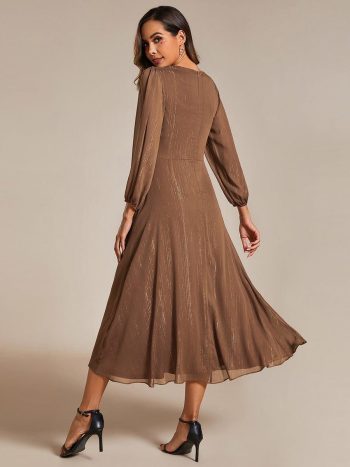 Glitter Twist Knot See-Through Long Sleeve Wedding Guest Dress - Brown