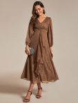 Glitter Twist Knot See-Through Long Sleeve Wedding Guest Dress – Brown
