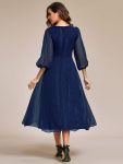 Glitter Twist Knot See-Through Long Sleeve Wedding Guest Dress – Navy Blue