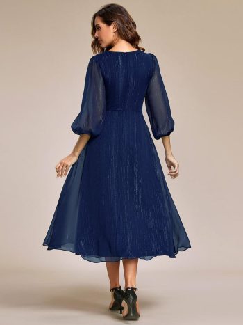 Glitter Twist Knot See-Through Long Sleeve Wedding Guest Dress - Navy Blue