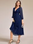 Glitter Twist Knot See-Through Long Sleeve Wedding Guest Dress – Navy Blue