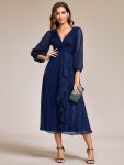 Glitter Twist Knot See-Through Long Sleeve Wedding Guest Dress - Navy Blue