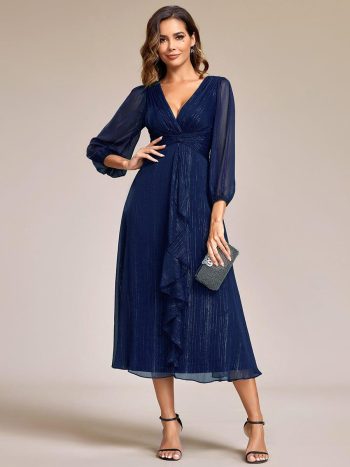 Glitter Twist Knot See-Through Long Sleeve Wedding Guest Dress - Navy Blue