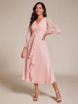 Glitter Twist Knot See-Through Long Sleeve Wedding Guest Dress – Pink