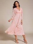 Glitter Twist Knot See-Through Long Sleeve Wedding Guest Dress - Pink