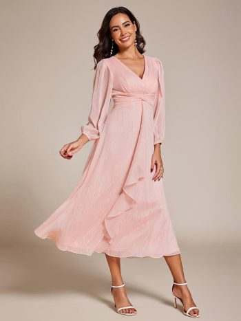 Glitter Twist Knot See-Through Long Sleeve Wedding Guest Dress - Pink