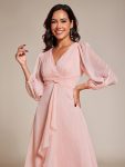 Glitter Twist Knot See-Through Long Sleeve Wedding Guest Dress – Pink