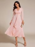 Glitter Twist Knot See-Through Long Sleeve Wedding Guest Dress – Pink