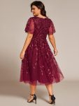 Short Sleeves Leaf Sequin A-Line Midi Formal Wedding Guest Dress – Burgundy