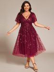 Short Sleeves Leaf Sequin A-Line Midi Formal Wedding Guest Dress – Burgundy