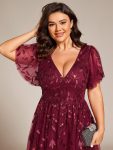 Short Sleeves Leaf Sequin A-Line Midi Formal Wedding Guest Dress – Burgundy