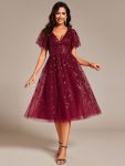 Short Sleeves Leaf Sequin A-Line Midi Formal Wedding Guest Dress – Burgundy