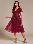 Short Sleeves Leaf Sequin A-Line Midi Formal Wedding Guest Dress - Burgundy