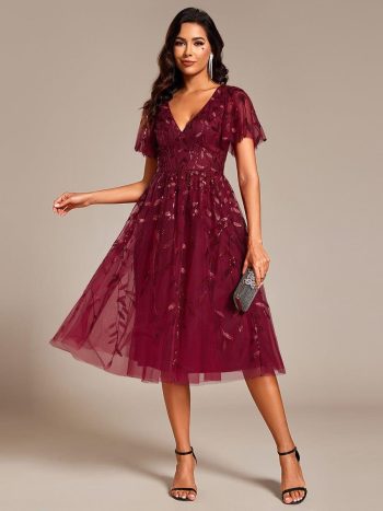 Short Sleeves Leaf Sequin A-Line Midi Formal Wedding Guest Dress - Burgundy