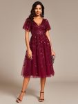 Short Sleeves Leaf Sequin A-Line Midi Formal Wedding Guest Dress – Burgundy