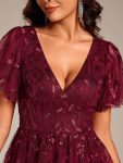 Short Sleeves Leaf Sequin A-Line Midi Formal Wedding Guest Dress – Burgundy