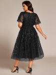 Short Sleeves Leaf Sequin A-Line Midi Formal Wedding Guest Dress – Black