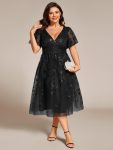 Short Sleeves Leaf Sequin A-Line Midi Formal Wedding Guest Dress – Black