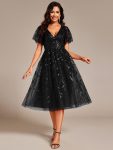 Short Sleeves Leaf Sequin A-Line Midi Formal Wedding Guest Dress – Black