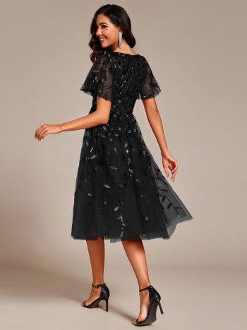 Short Sleeves Leaf Sequin A-Line Midi Formal Wedding Guest Dress - Black