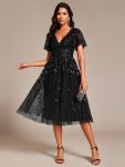 Short Sleeves Leaf Sequin A-Line Midi Formal Wedding Guest Dress – Black