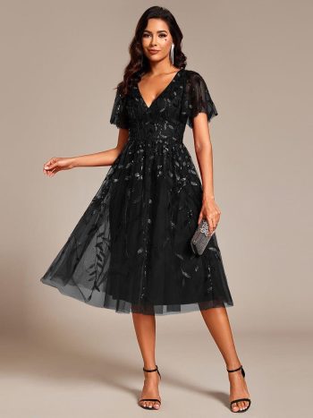 Short Sleeves Leaf Sequin A-Line Midi Formal Wedding Guest Dress - Black