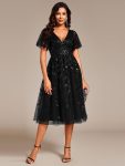Short Sleeves Leaf Sequin A-Line Midi Formal Wedding Guest Dress – Black