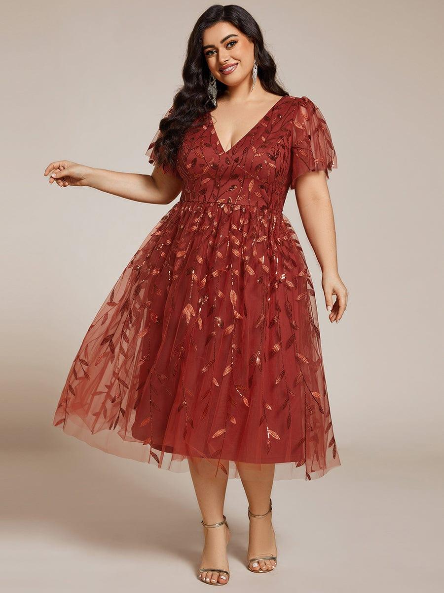 Short Sleeves Leaf Sequin A-Line Midi Formal Wedding Guest Dress - Burnt Orange Short Sleeves Leaf Sequin A-Line Midi Formal Wedding Guest Dress - Burnt Orange