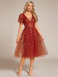 Short Sleeves Leaf Sequin A-Line Midi Formal Wedding Guest Dress – Burnt Orange