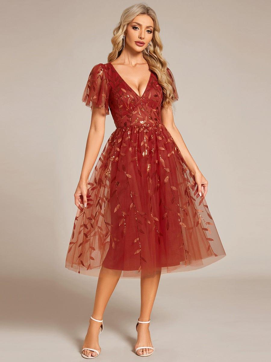 Short Sleeves Leaf Sequin A-Line Midi Formal Wedding Guest Dress - Burnt Orange Short Sleeves Leaf Sequin A-Line Midi Formal Wedding Guest Dress - Burnt Orange
