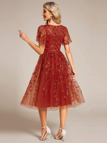 Short Sleeves Leaf Sequin A-Line Midi Formal Wedding Guest Dress - Burnt Orange